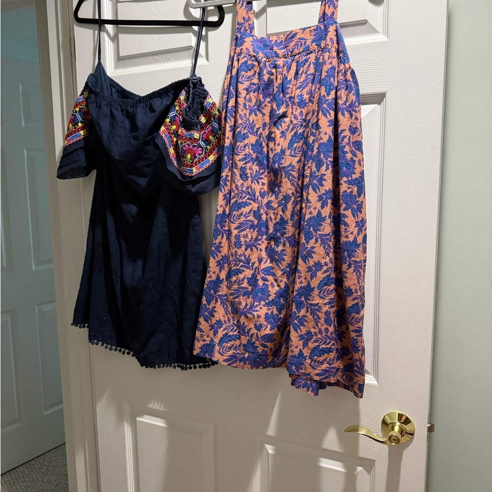 Floral Blue and Pink Dress with Navy Off-Shoulder Top EUC lot of 2
